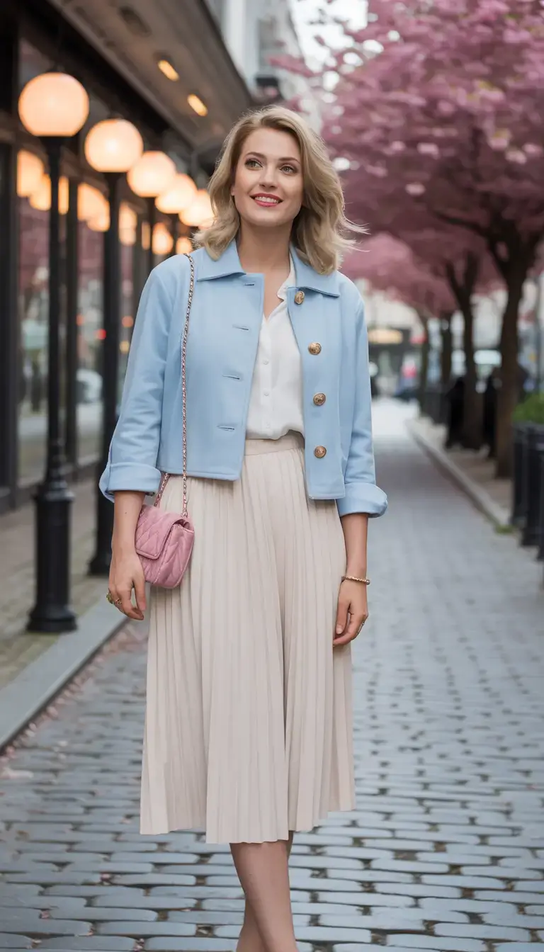 Chic mom outfits 2026 – Pastel Pleats for Pretty Spring Moments