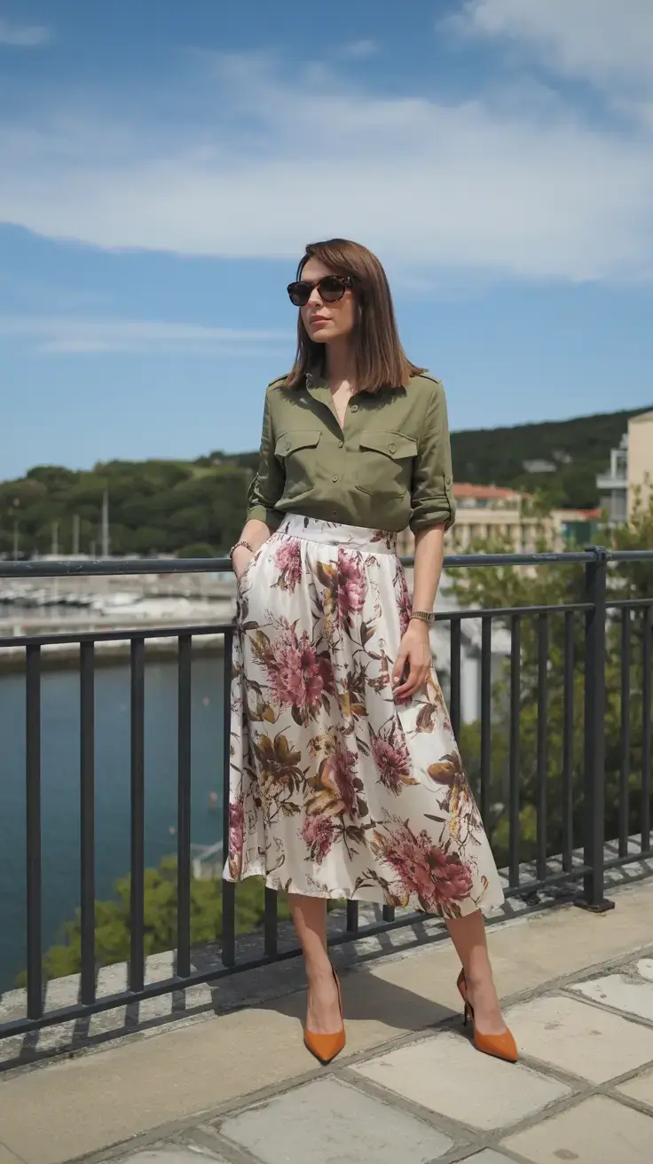 Chic mom outfits 2026 – Floral Skirt and Shirt for Feminine Boho Moments