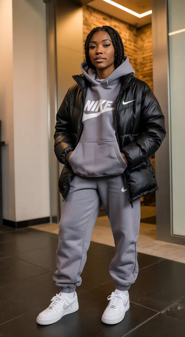 Chic outfits for Black women 2026 – Sporty Puffer Set For Winter Errands