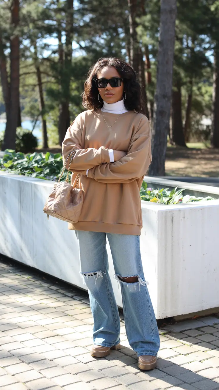Chic outfits for Black women 2026 – Layered Neutrals With Ripped Denim