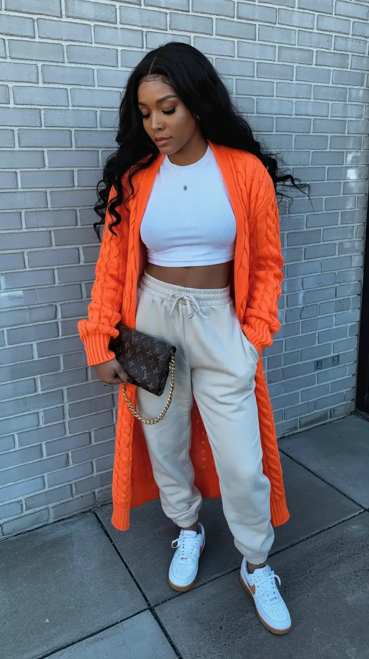 Chic outfits for Black women 2026 – Bright Cardigan And Joggers For On-The-Go Days