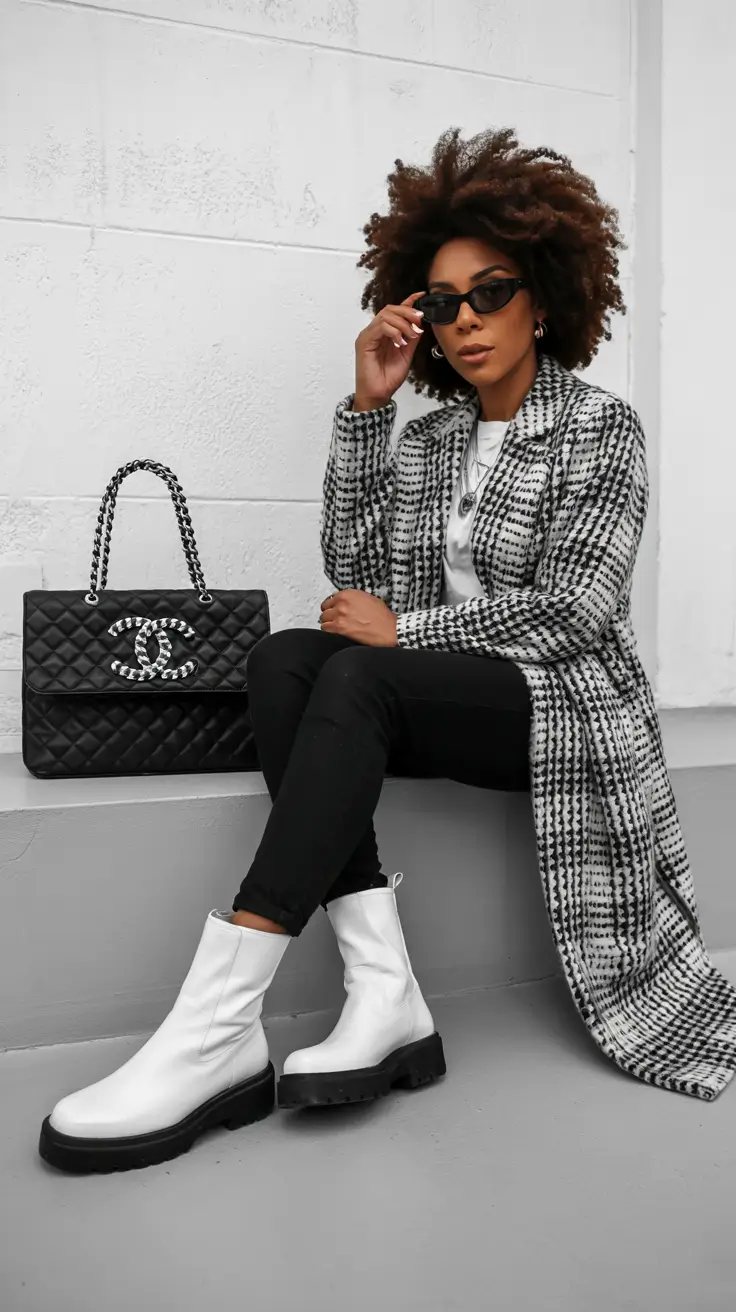 Chic outfits for Black women 2026 – Monochrome Check Overcoat With White Boots
