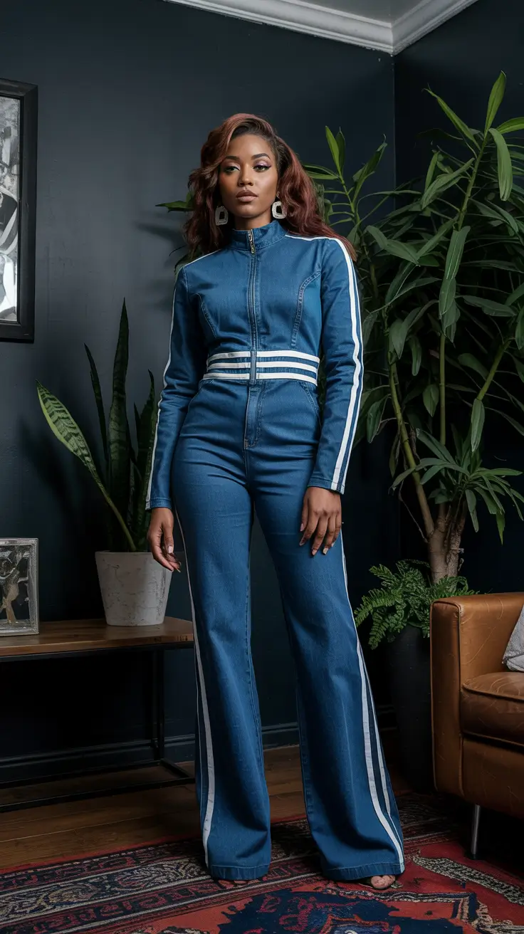 Chic outfits for Black women 2026 – Sporty Zip-Up Jumpsuit With Retro Stripes
