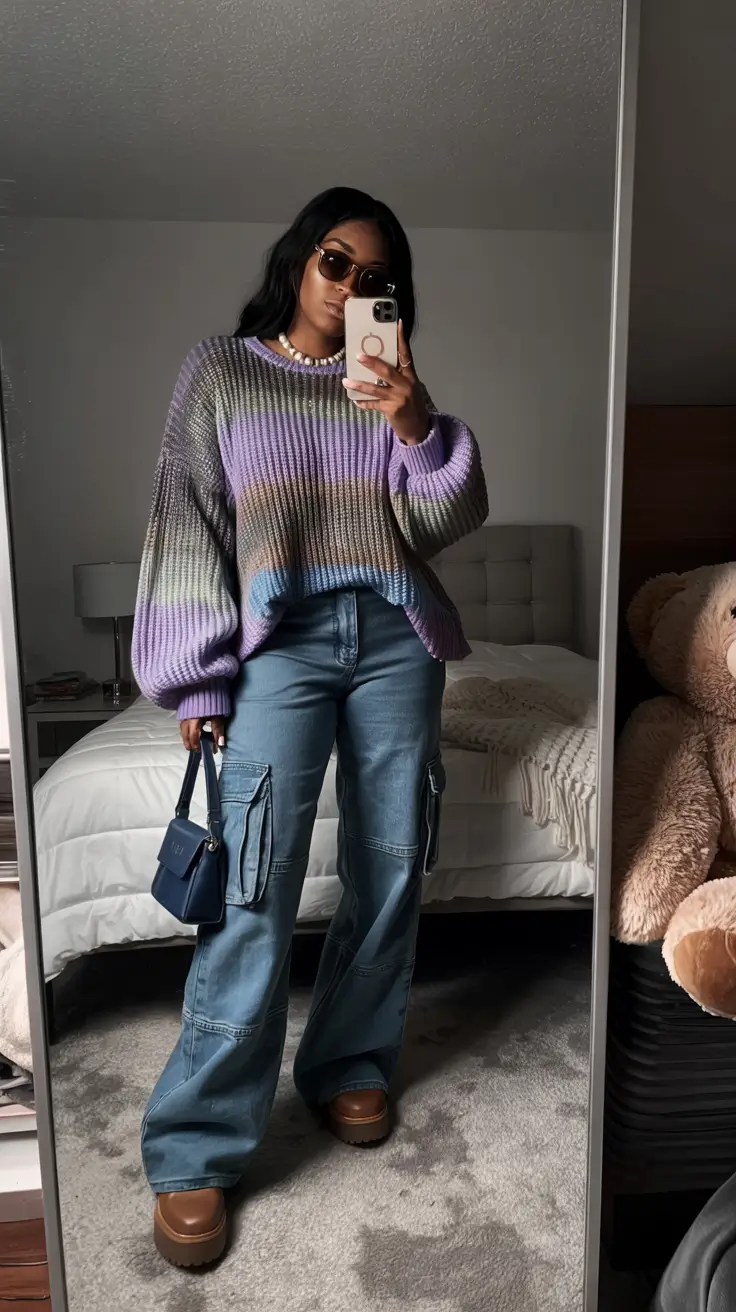 Chic outfits for Black women 2026 – Striped Sweater And Cargo Denim For Cozy Streetwear