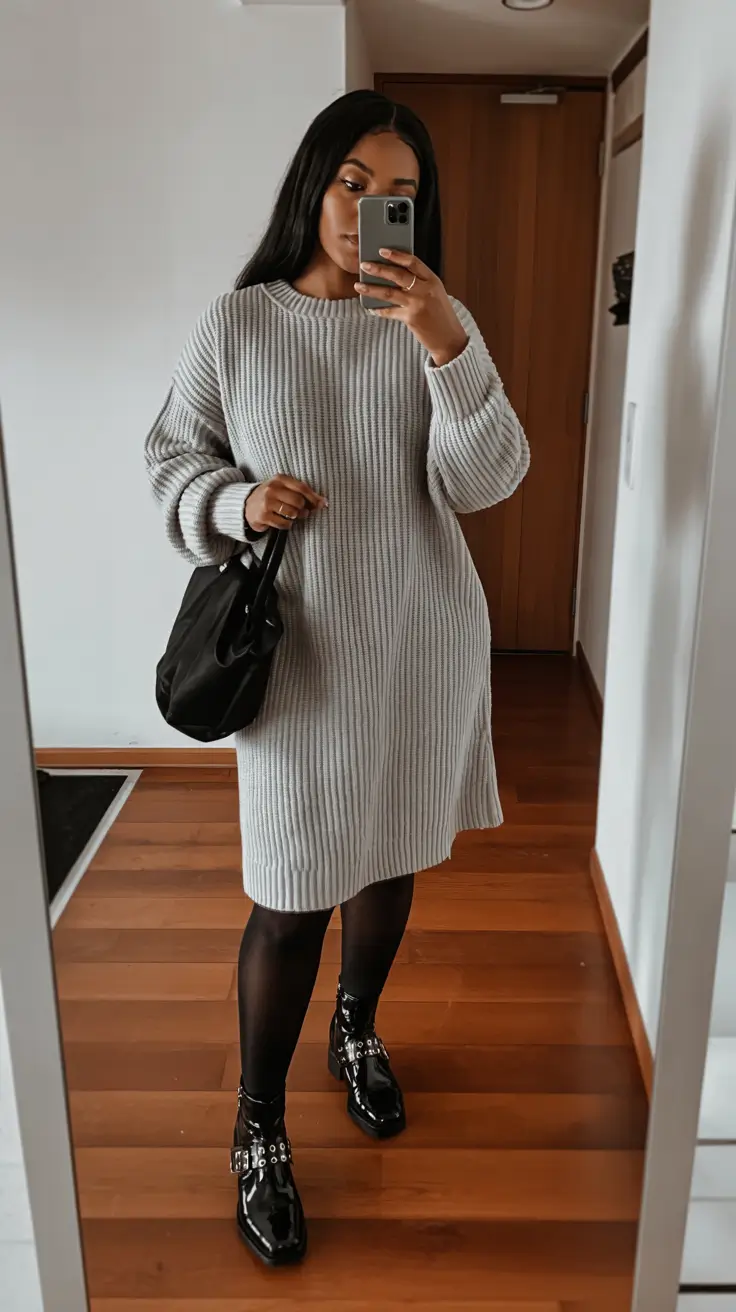 Chic outfits for Black women 2026 – Knit Dress And Patent Boots For Easy Winter Chic