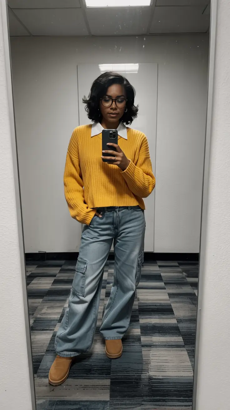 Chic outfits for Black women 2026 – Yellow Knit And Cargo Denim For Smart Casual Days