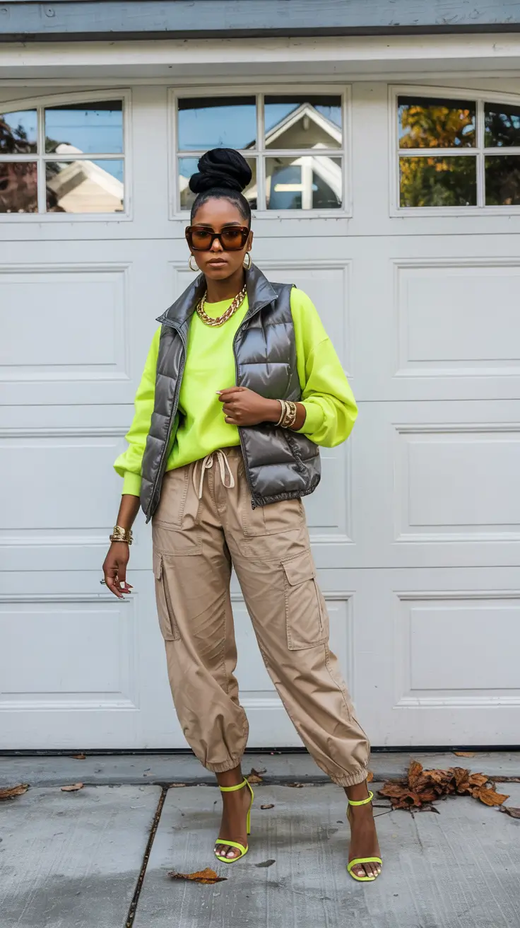 Chic outfits for Black women 2026 – Neon Pullover And Puffer Vest For Street Style Impact