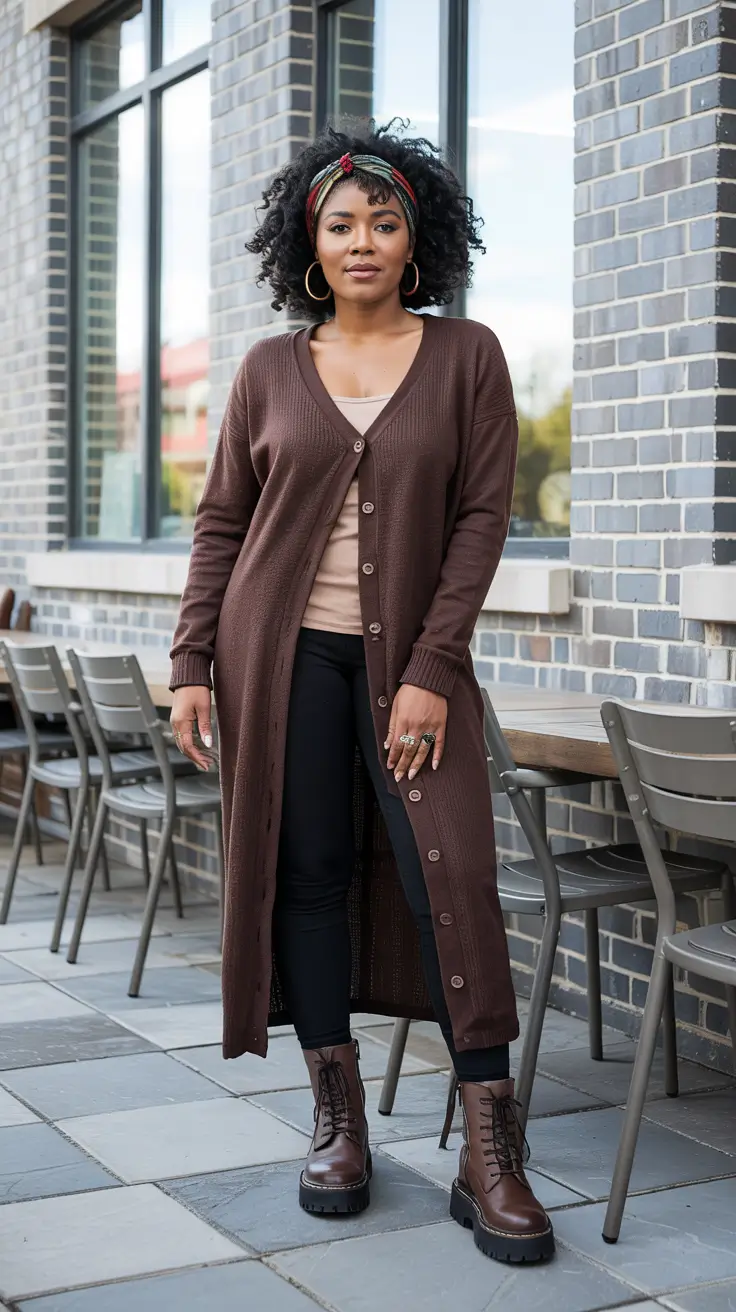 Chic outfits for Black women 2026 – Longline Cardigan And Combat Boots For Everyday Ease