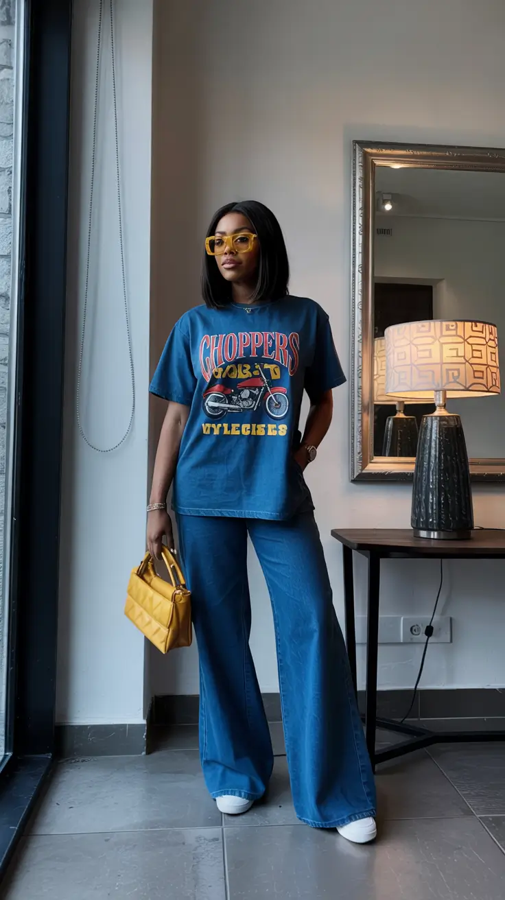 Chic outfits for Black women 2026 – Graphic Tee And Flared Denim For Retro Cool