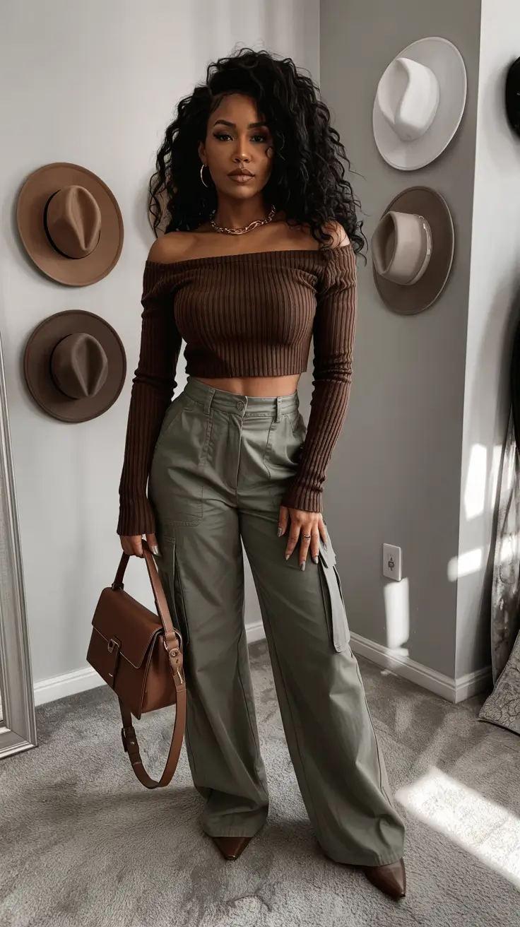 Chic outfits for Black women 2026 – Coffee-Toned Crop And Cargo Combo