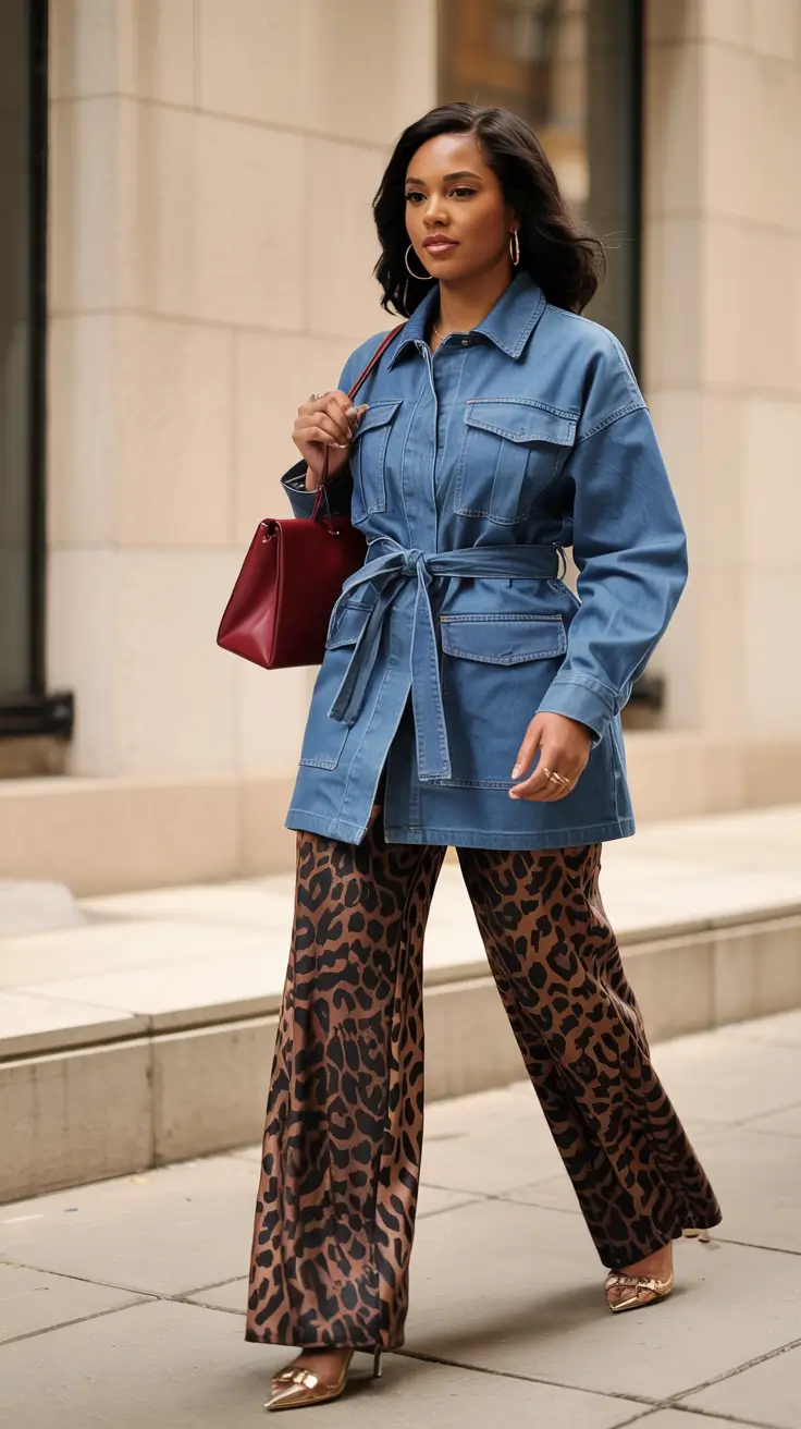 Chic outfits for Black women 2026 – Leopard Wide Legs With Belted Denim