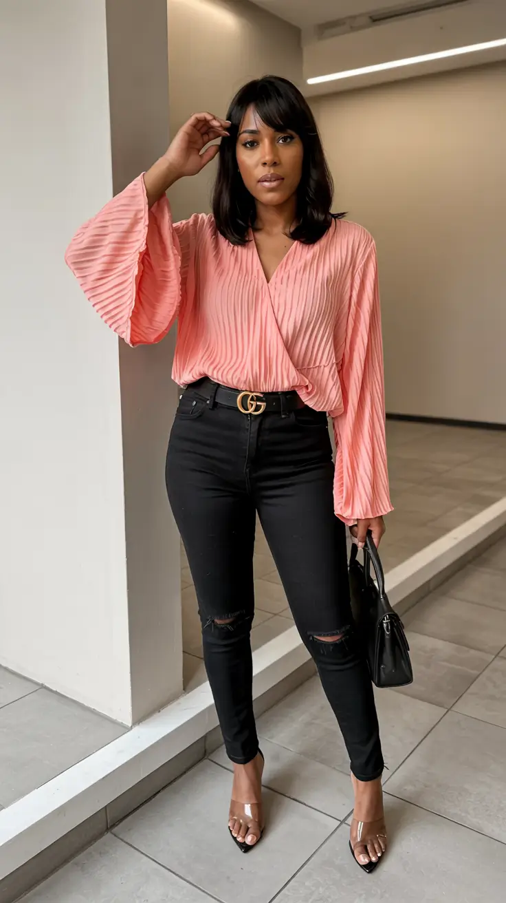 Chic outfits for Black women 2026 – Soft Pleats And Sleek Black Denim