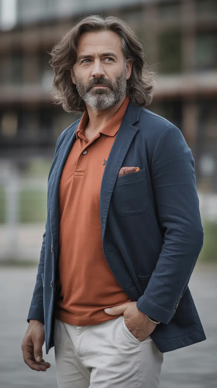 Classic outfits for men over 50 2026 – Navy Jersey Blazer and Polo for Cool Summer Smart Casual