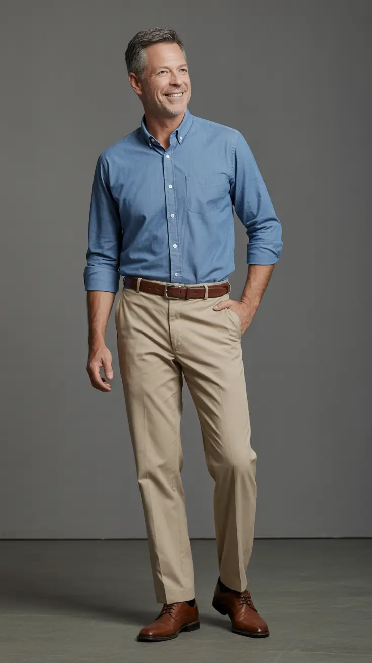 Classic outfits for men over 50 2026 – Chambray Shirt and Chinos for Everyday Business Casual