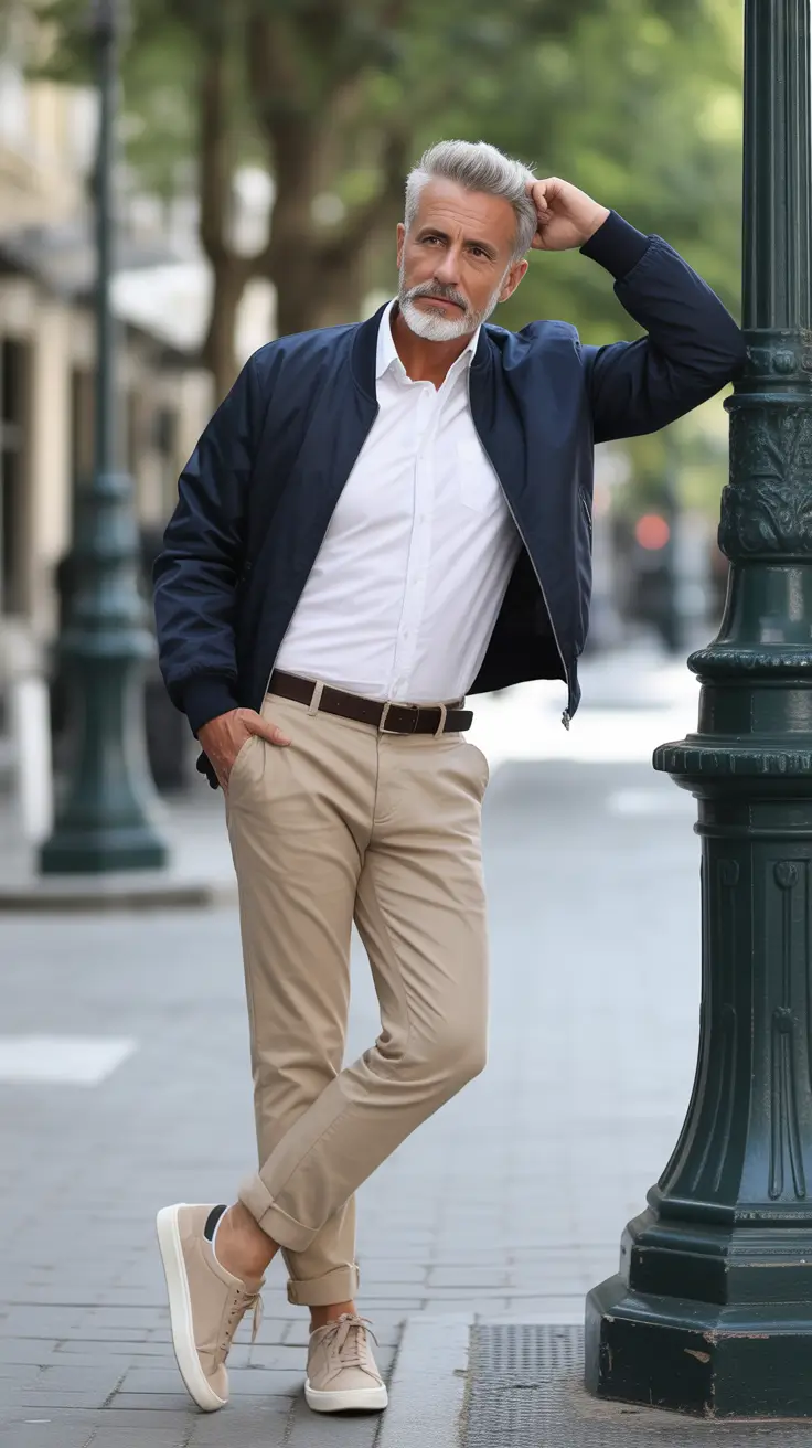 Classic outfits for men over 50 2026 – Bomber Jacket and Chinos for Cool Urban Off-Duty
