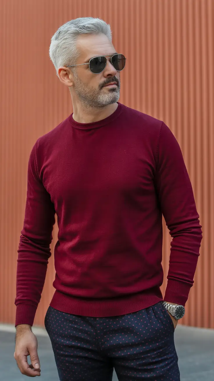 Classic outfits for men over 50 2026 – Rich Burgundy Knit for Confident Autumn Style