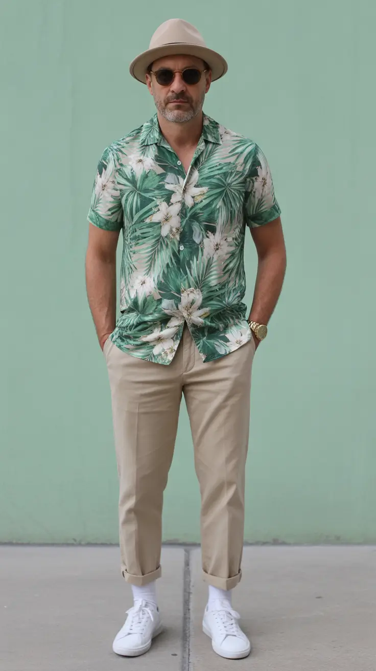 Classic outfits for men over 50 2026 – Tropical Print Ease for Relaxed Summer Holidays
