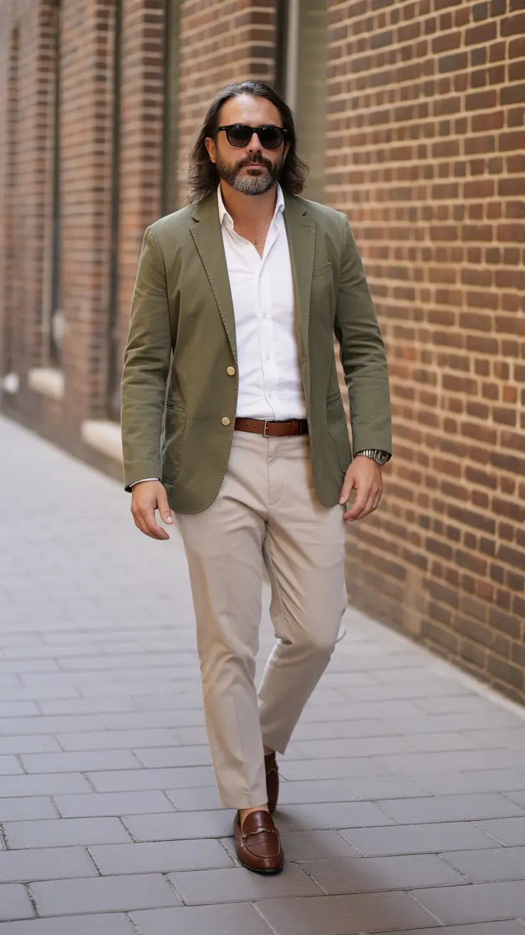 Classic outfits for men over 50 2026 – Olive Blazer and Chinos for Everyday Smart Polish