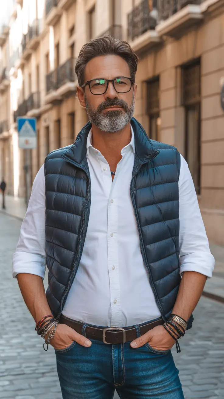 Classic outfits for men over 50 2026 – Puffer Vest and Denim for Casual Urban Days