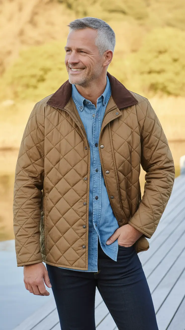 Classic outfits for men over 50 2026 – Quilted Jacket and Denim for Rugged Autumn Style