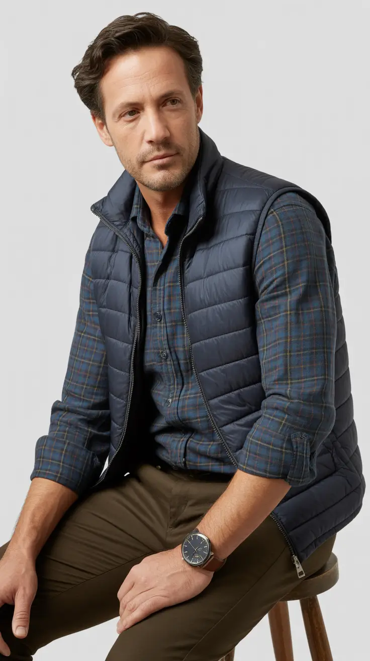 Classic outfits for men over 50 2026 – Padded Vest and Plaid for Relaxed Smart Casual Workdays