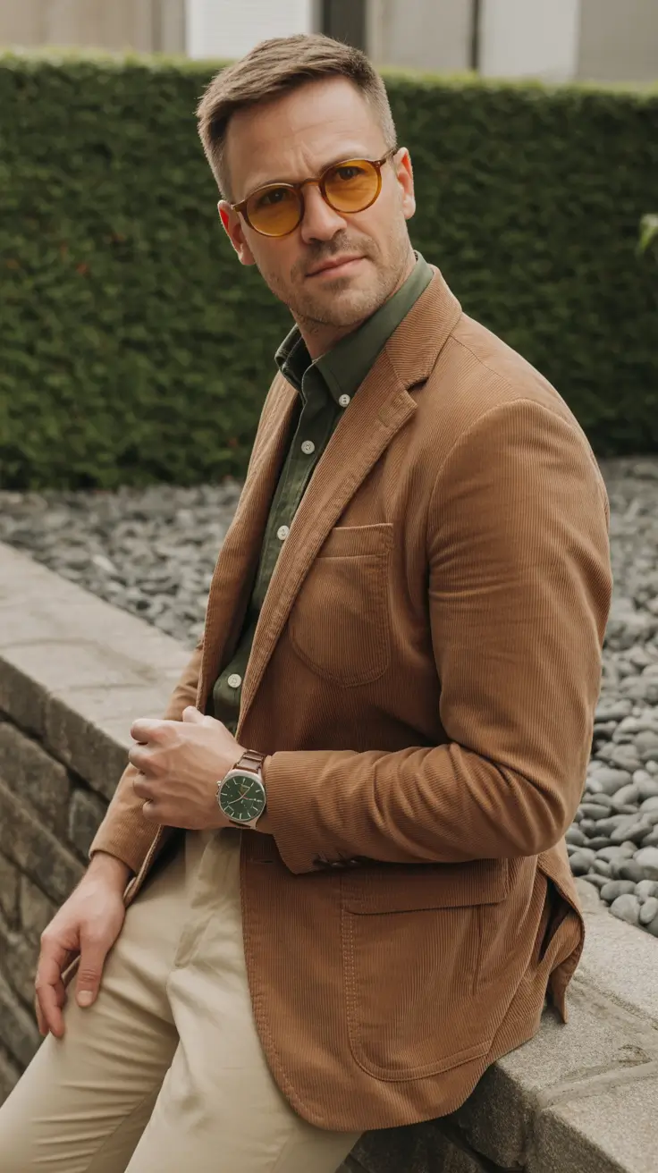 Classic outfits for men over 50 2026 – Corduroy Blazer and Green Shirt for Business Casual Polish