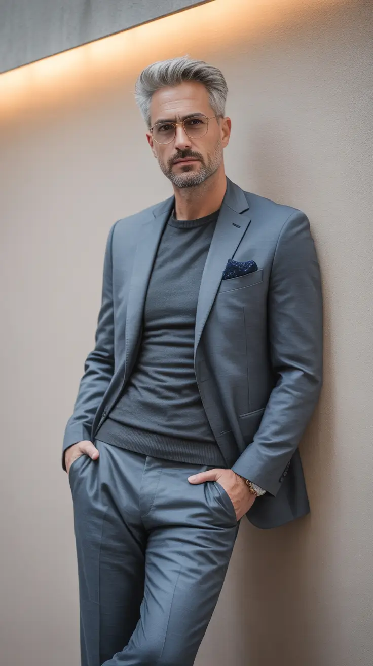 Classic outfits for men over 50 2026 – Monochrome Slate Suit for Modern Semi Formal Nights