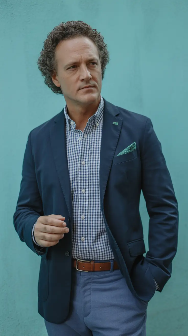 Classic outfits for men over 50 2026 – Navy Blazer and Gingham for Spring and Summer Events