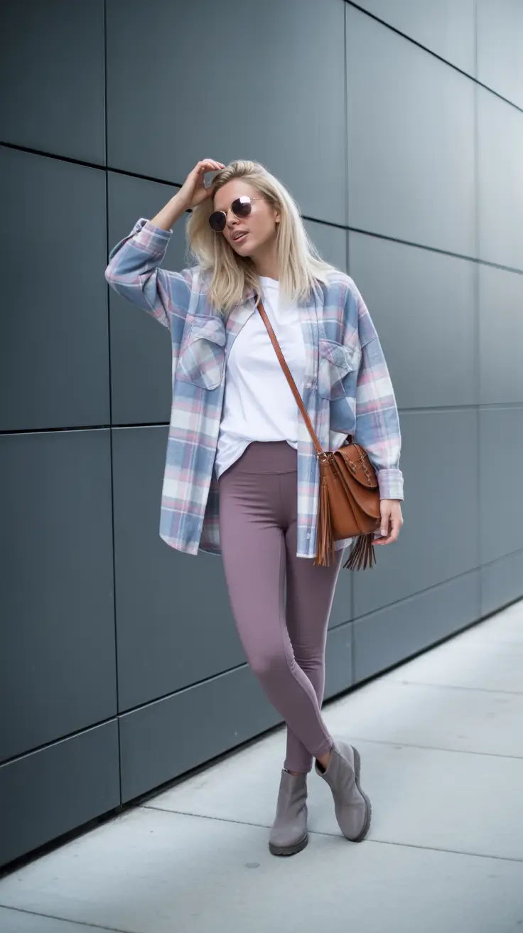 Comfortable legging outfits 2026 - Pastel Plaid And Mauve City Stroll