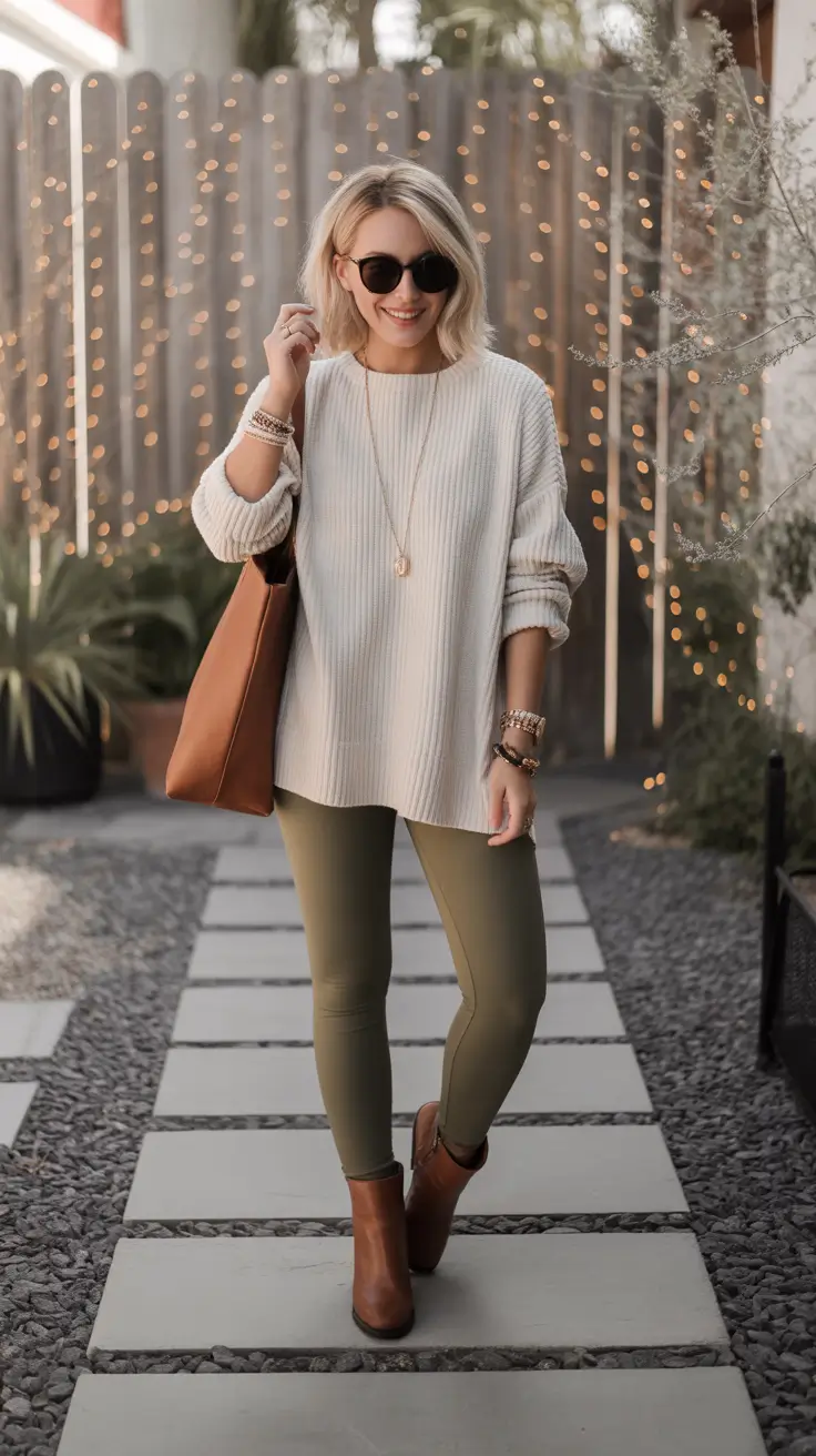 Comfortable legging outfits 2026 - Olive Leggings And Cream Knit For Everyday Glow