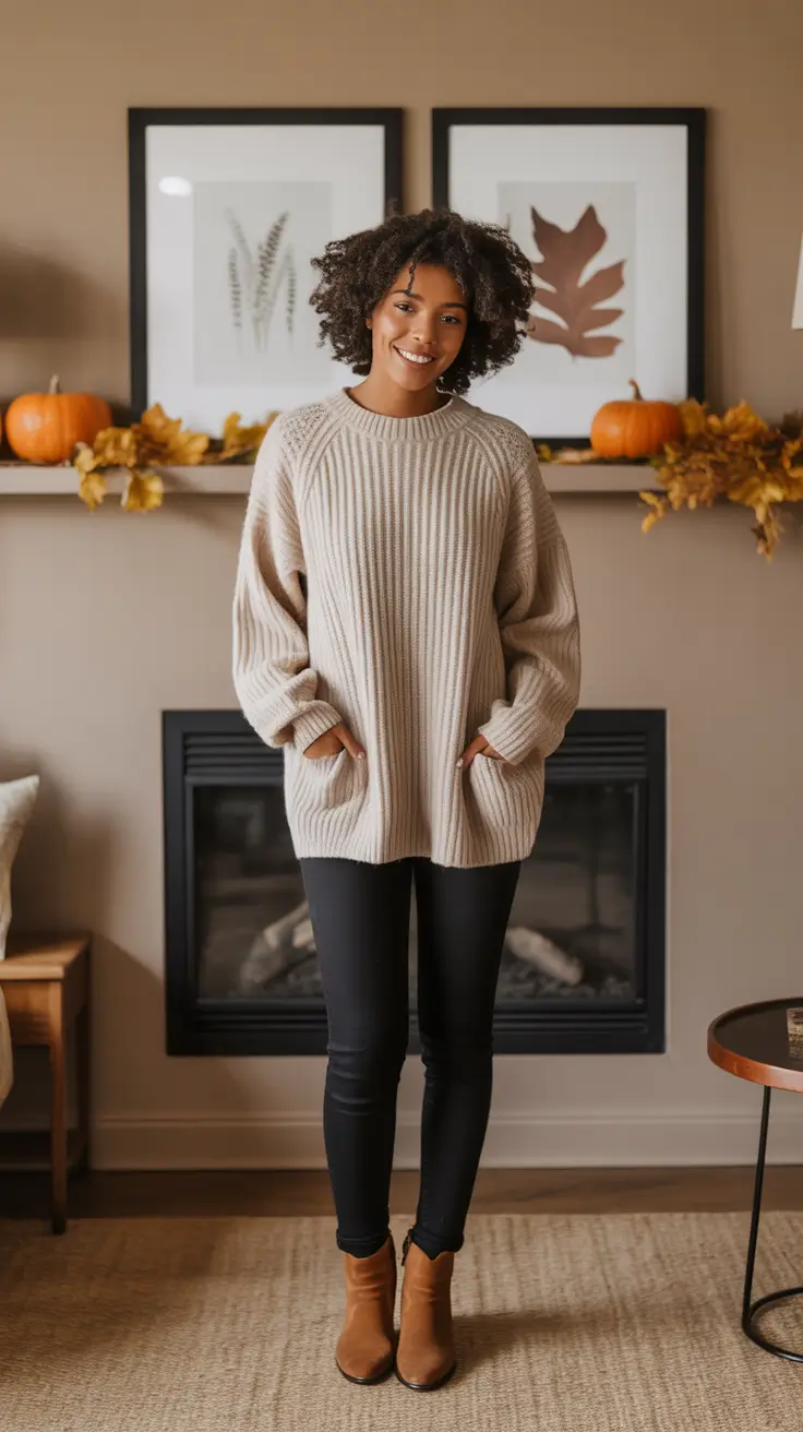 Comfortable legging outfits 2026 - Cozy Fireside Neutrals With Black Leggings
