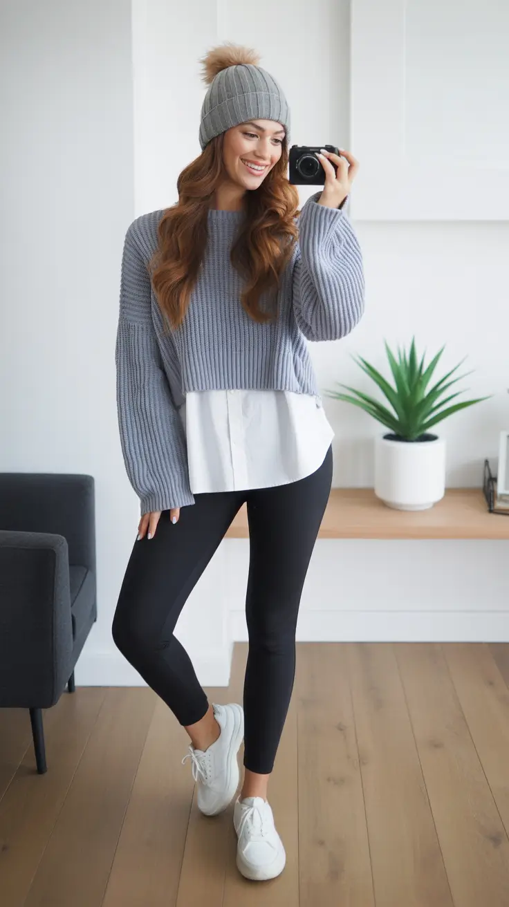 Comfortable legging outfits 2026 - Grey Knit Layers And Black Leggings Snapshot