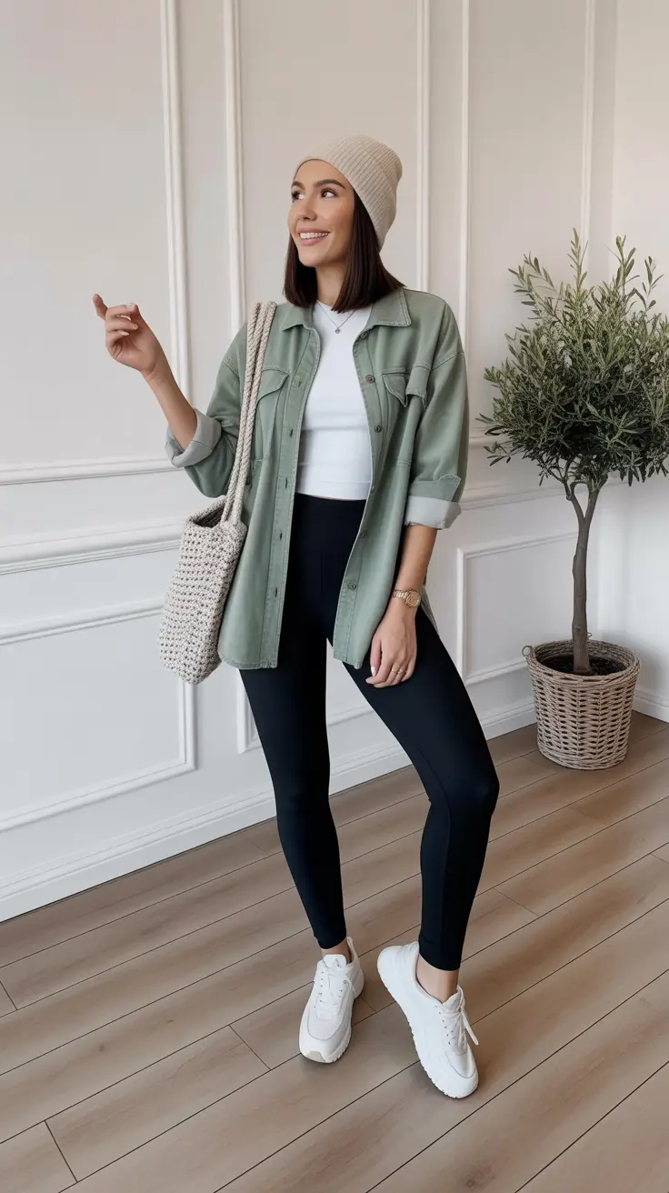 Comfortable legging outfits 2026 - Sage Shacket And Black Leggings Off-Duty