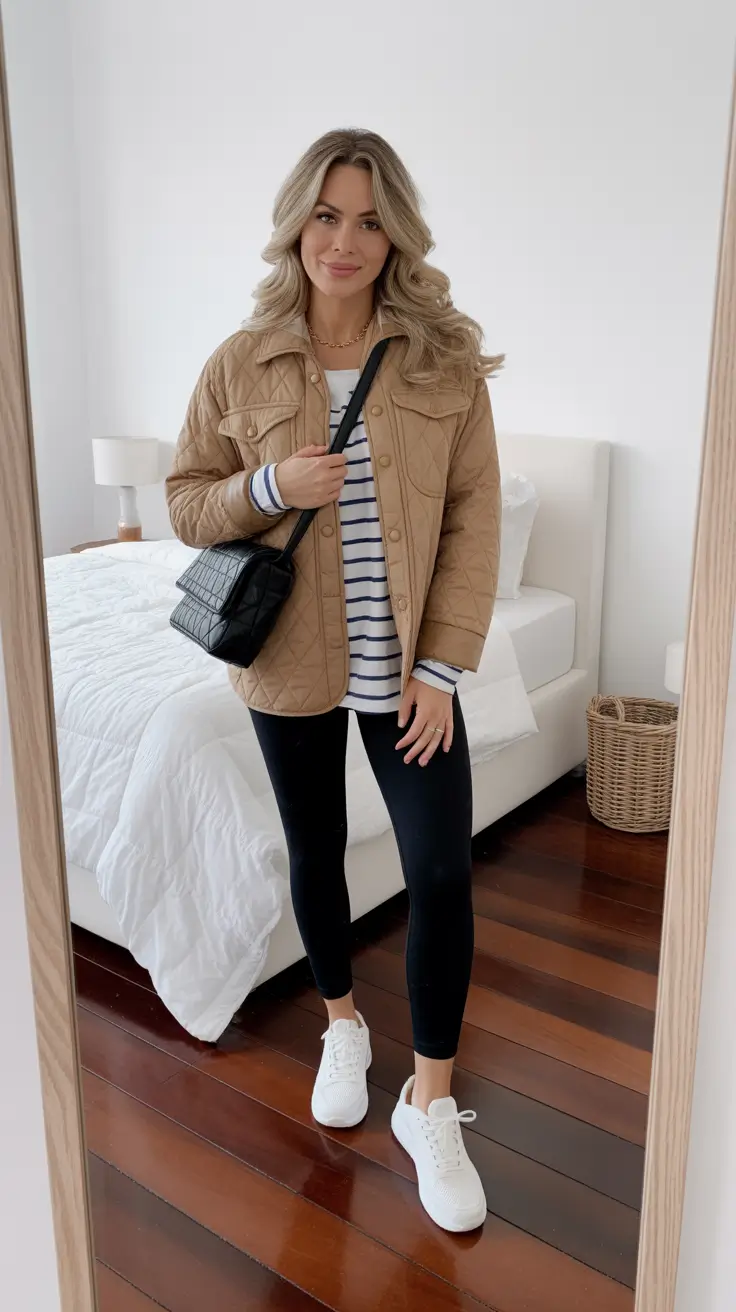 Comfortable legging outfits 2026 - Striped Breton Tee And Quilted Jacket Combo