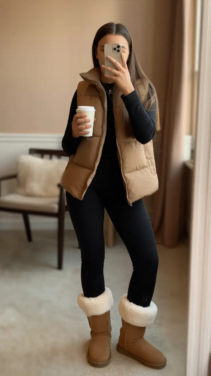 Comfortable legging outfits 2026 - Cozy Puffer Vest And Shearling Boots