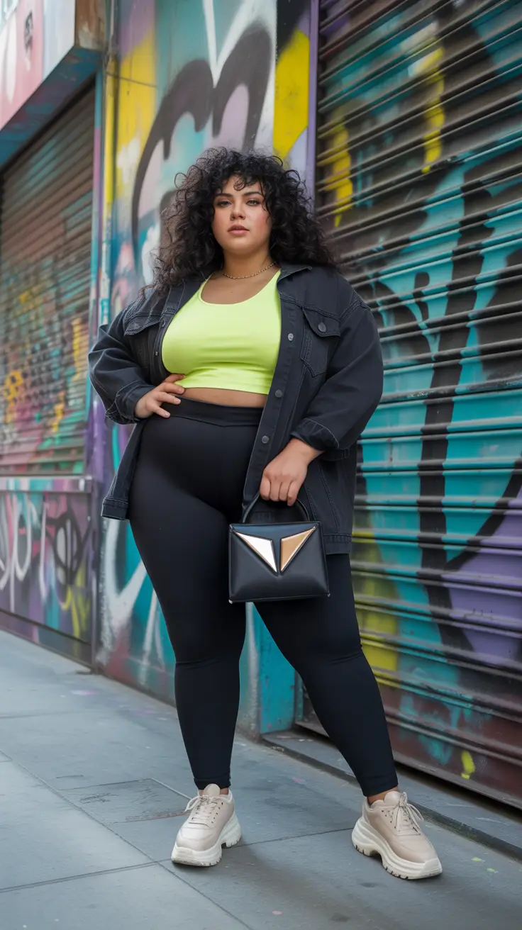 Comfortable legging outfits 2026 - Street-Art Ready In Black Leggings And Neon Pop