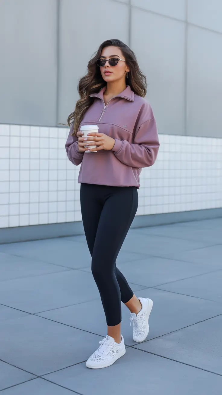 Comfortable legging outfits 2026 - Sporty Mauve Half-Zip For Coffee Runs