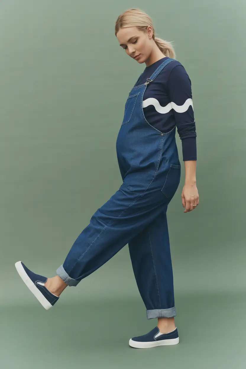 Comfortable pregnancy outfits 2026 – Sporty navy overalls for playful days