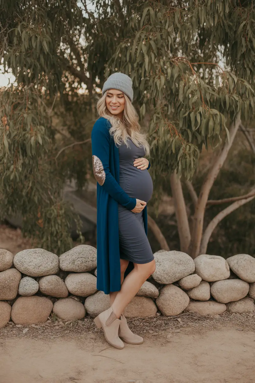 Comfortable pregnancy outfits 2026 – Cozy cardigan and beanie for outdoor walks