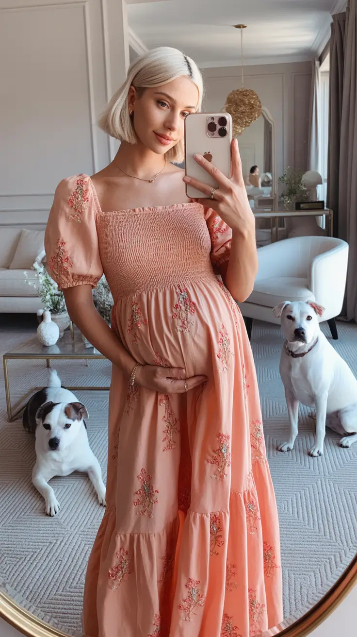 Comfortable pregnancy outfits 2026 – Peachy maxi dress for soft summer days