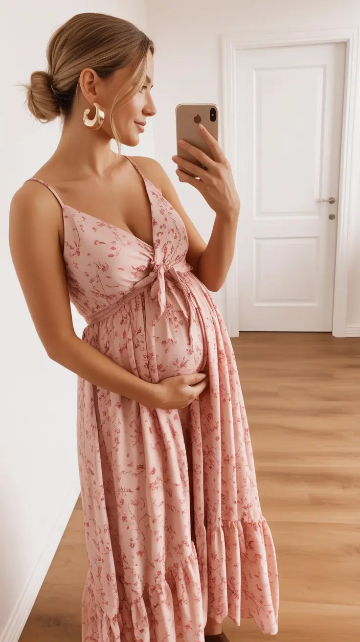 Comfortable pregnancy outfits 2026 – Pink tie-front maxi for feminine summer moments