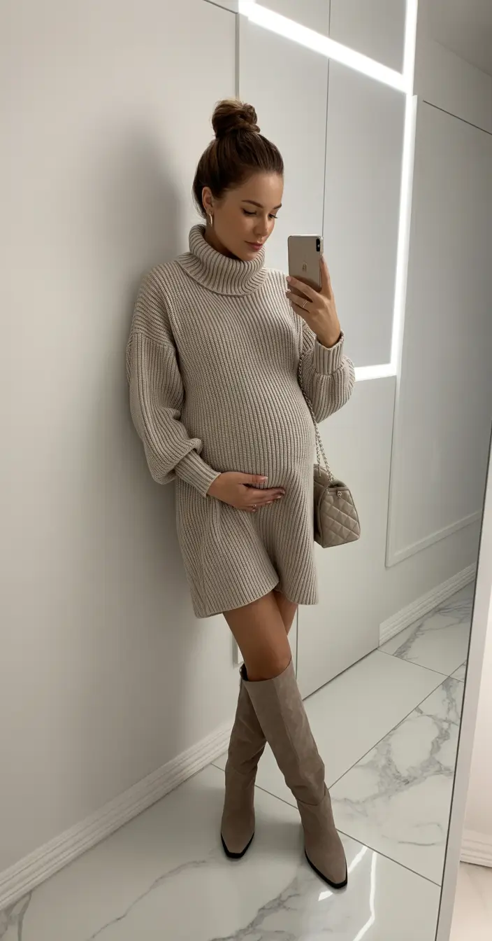 Comfortable pregnancy outfits 2026 – Cream sweater dress for polished cold-weather style