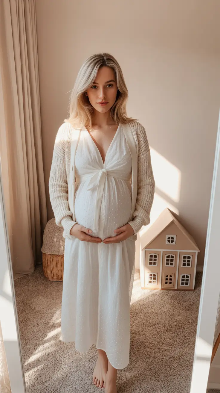 Comfortable pregnancy outfits 2026 – Soft white dress and cardigan for gentle at-home days