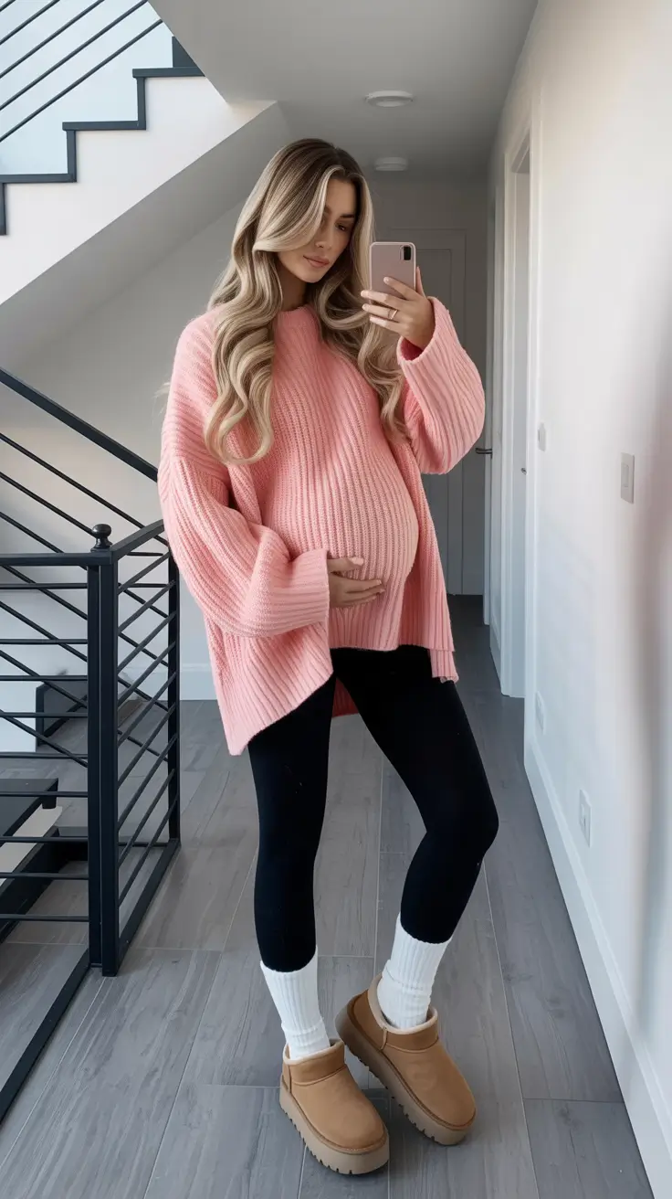 Comfortable pregnancy outfits 2026 – Pink oversized knit and leggings for ultra-cozy days