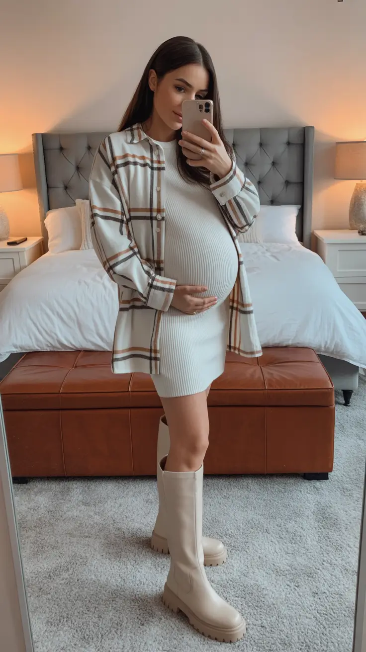 Comfortable pregnancy outfits 2026 – Plaid layers and cream knits for cozy days in