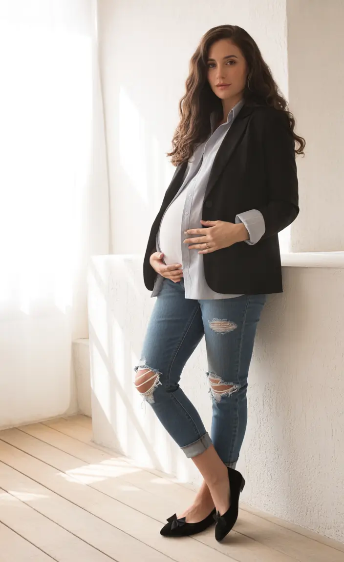 Comfortable pregnancy outfits 2026 – Sharp blazer and denim for modern office days
