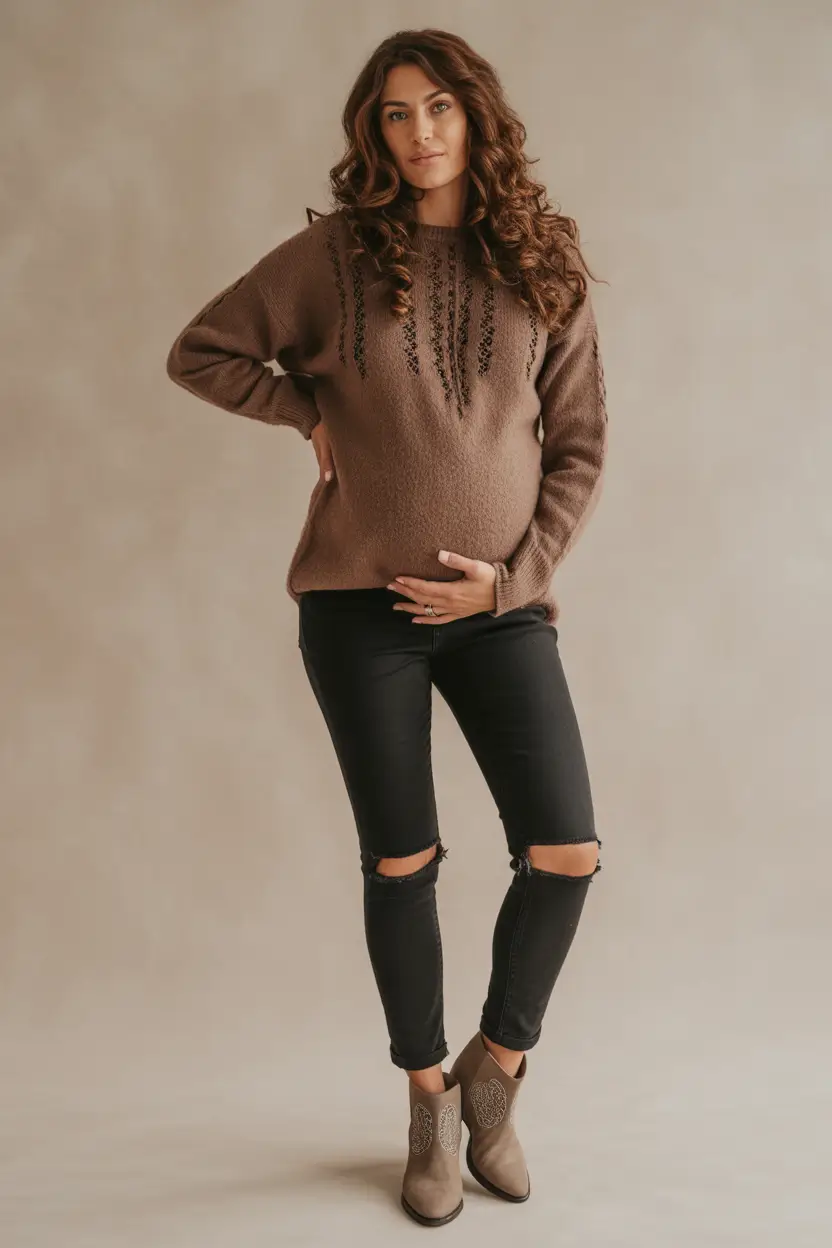 Comfortable pregnancy outfits 2026 – Textured sweater and black denim for fall and winter