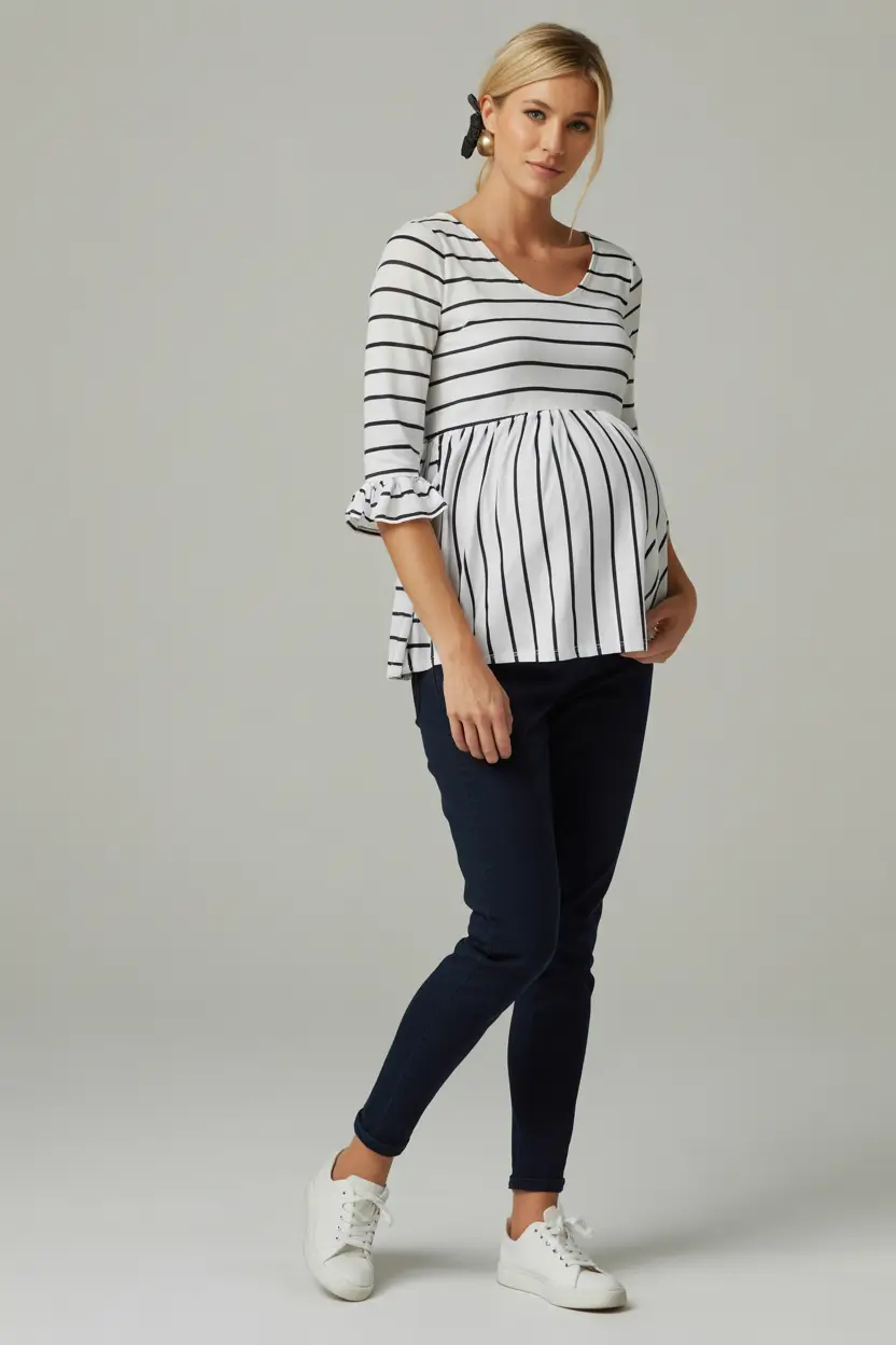 Comfortable pregnancy outfits 2026 – Striped peplum top and dark jeans for everyday casual