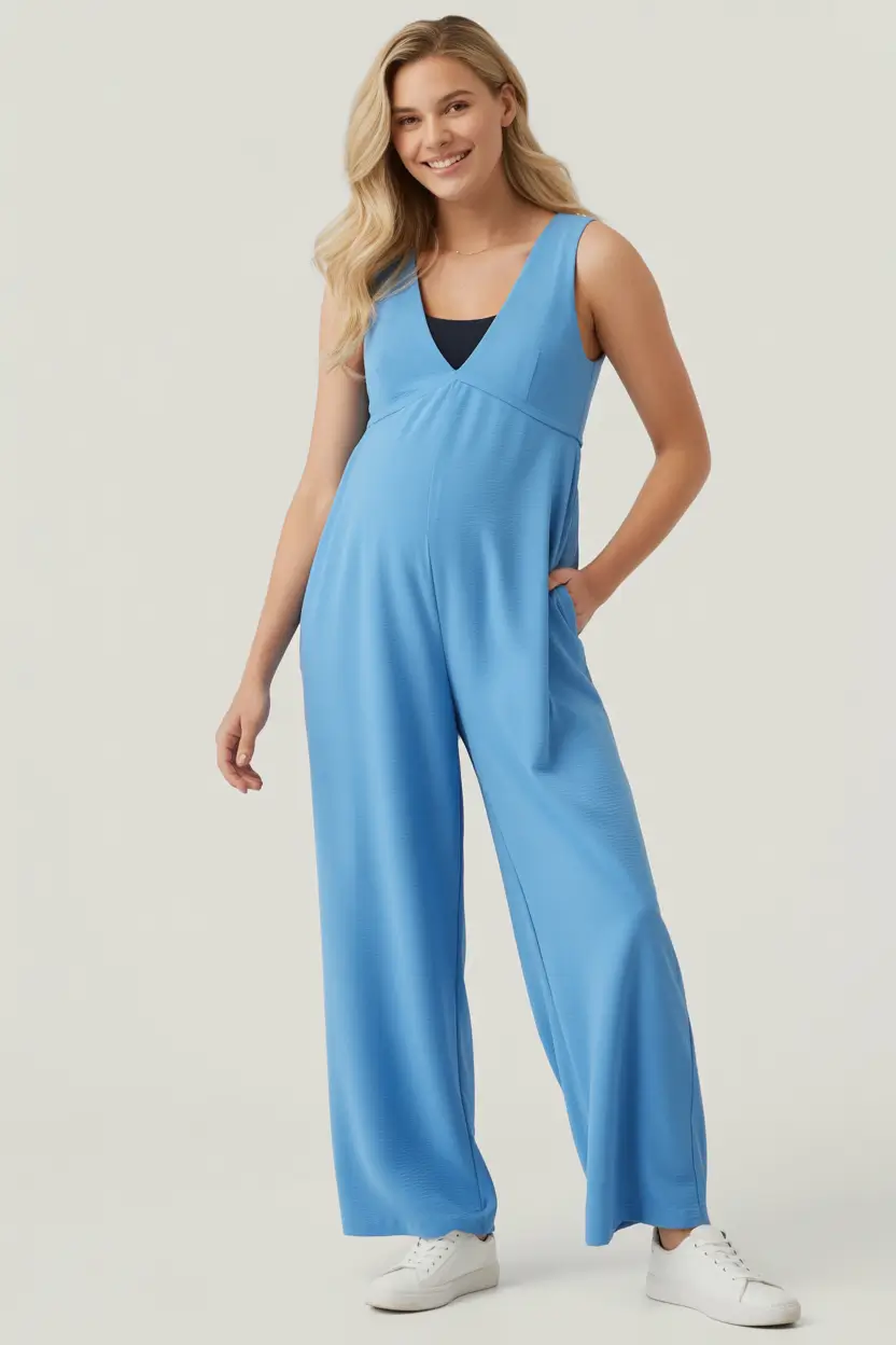 Comfortable pregnancy outfits 2026 – Sky-blue jumpsuit for one-and-done summer dressing
