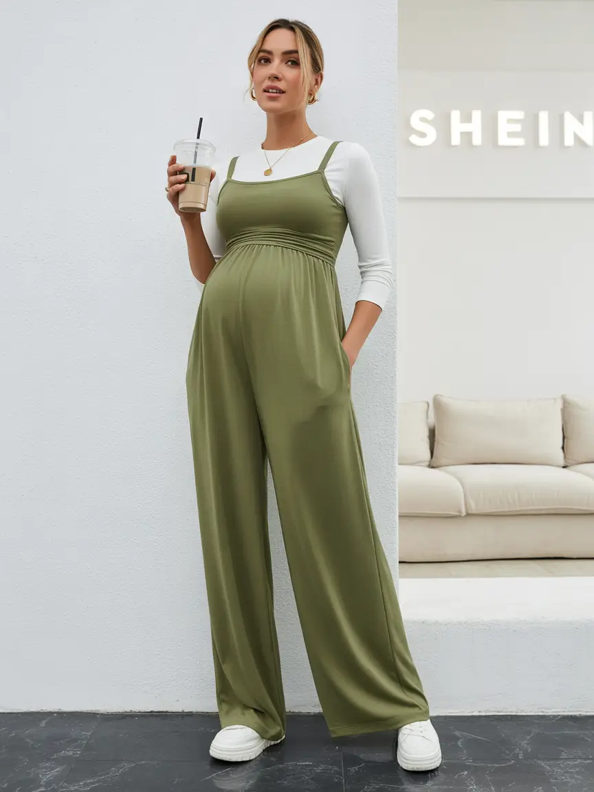 Comfortable pregnancy outfits 2026 – Olive wide-leg jumpsuit for relaxed everyday style